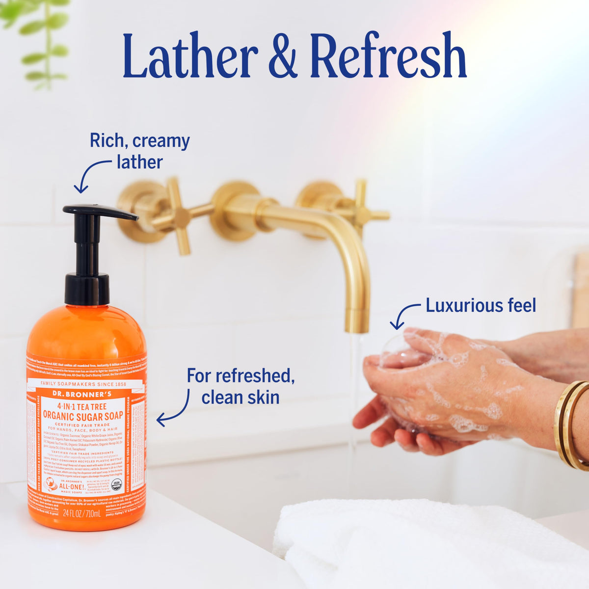 Dr. Bronner's Organic Sugar Soap 64oz Tea Tree in bathroom setting