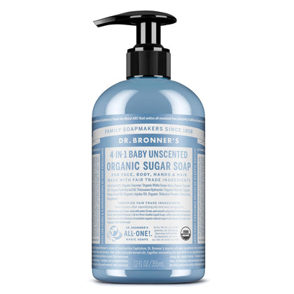Dr. Bronner's Organic Sugar Soap Baby Unscented 12 Ounce front view