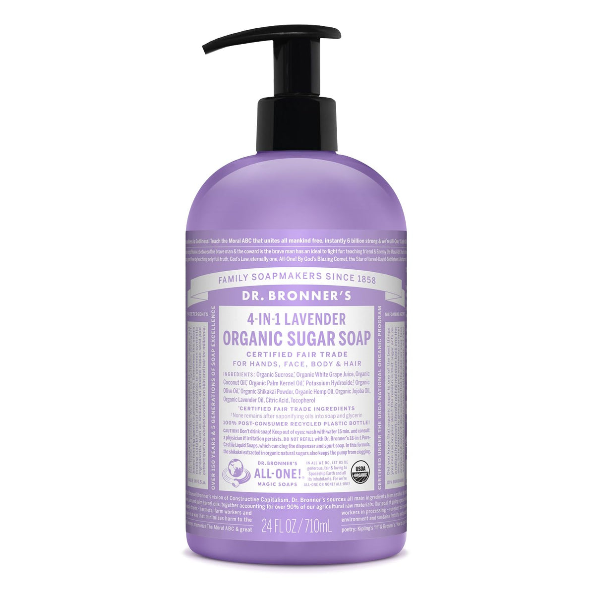 Dr. Bronner's Organic Sugar Soap Lavender 24oz front view