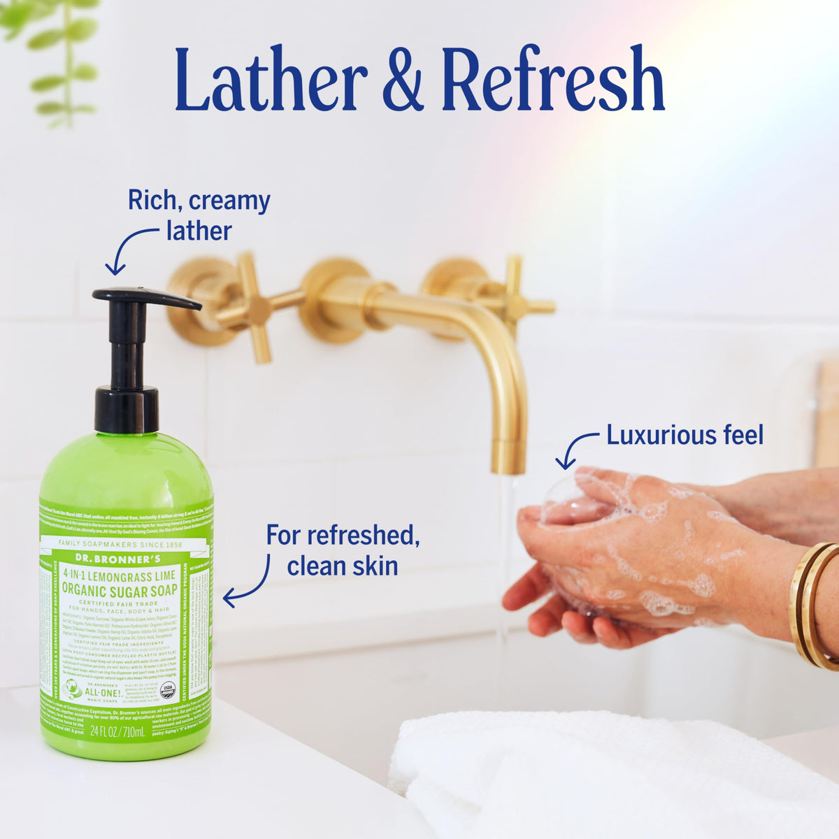 Dr. Bronner's Organic Sugar Soap Lemongrass with ingredients displayed