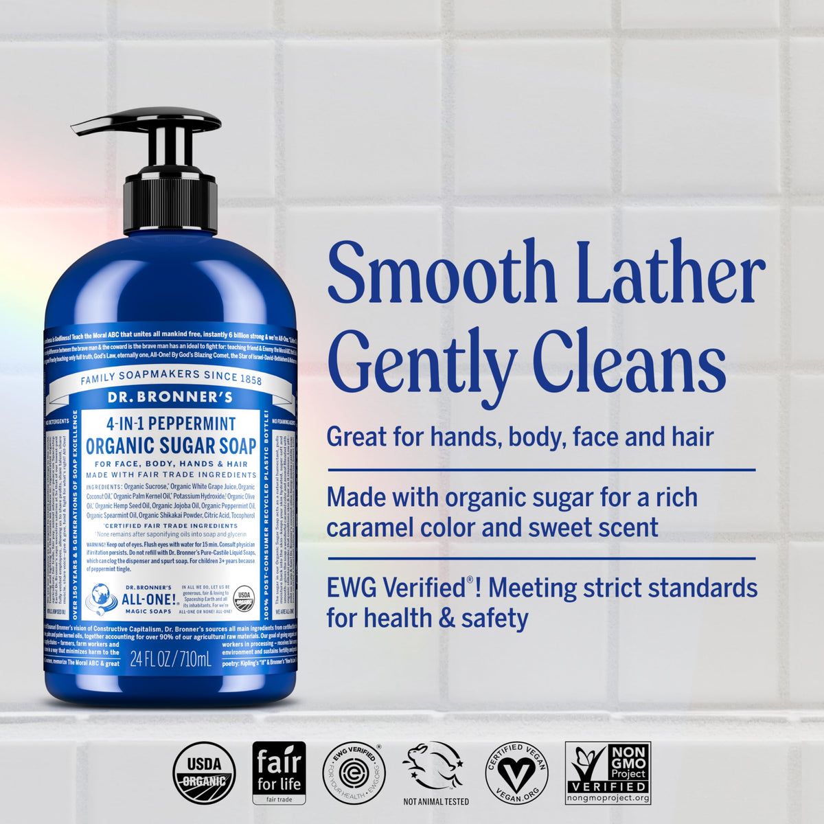 Dr. Bronner's Organic Sugar Soap Peppermint back view with ingredients