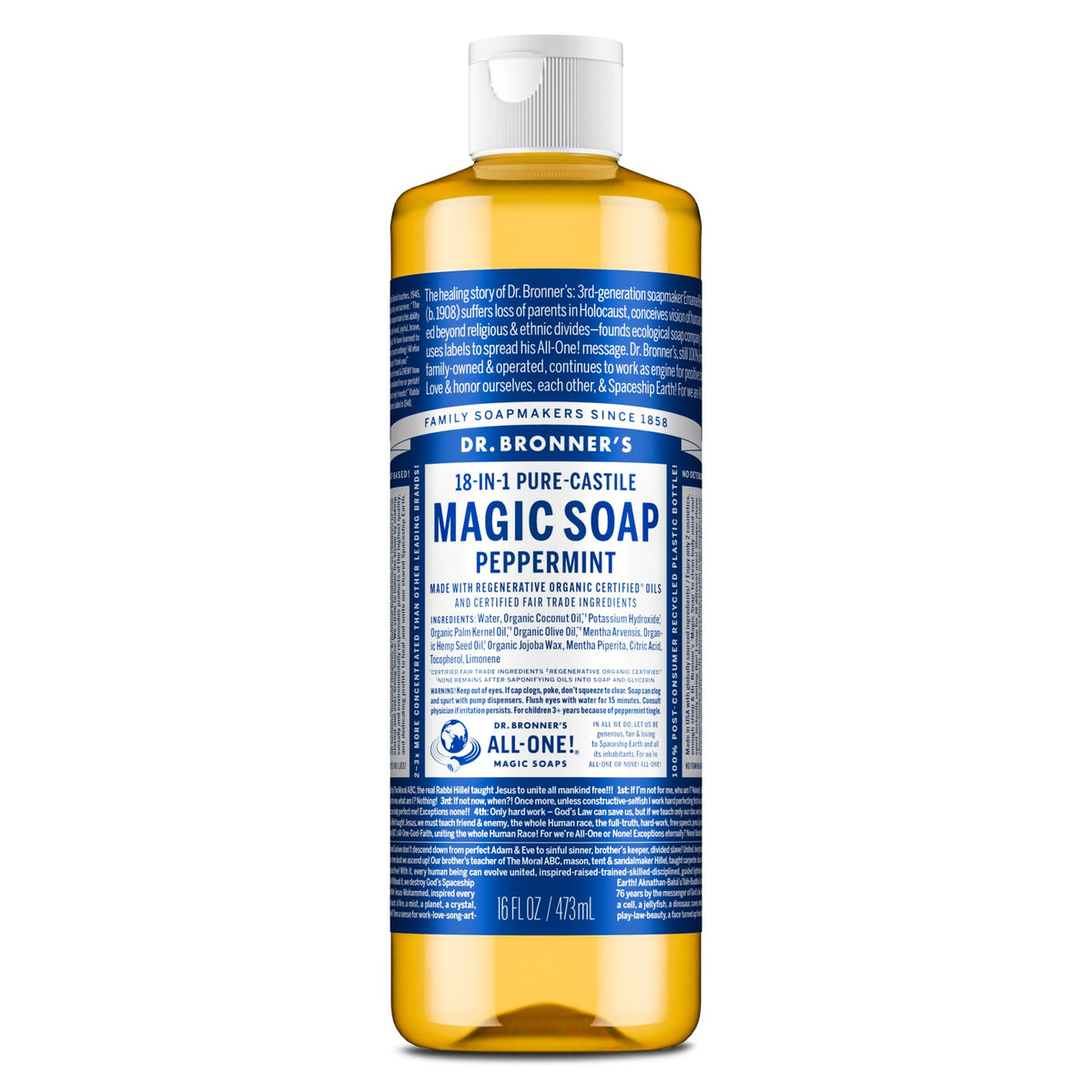 Dr. Bronner's Peppermint Pure-Castile Liquid Soap 16 oz front view