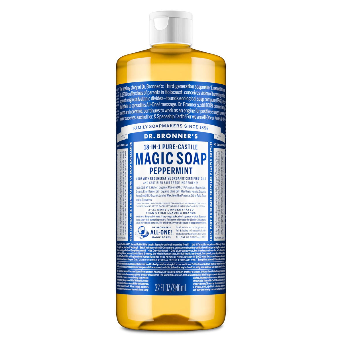 Dr. Bronner's Peppermint Pure-Castile Liquid Soap 32 oz front view