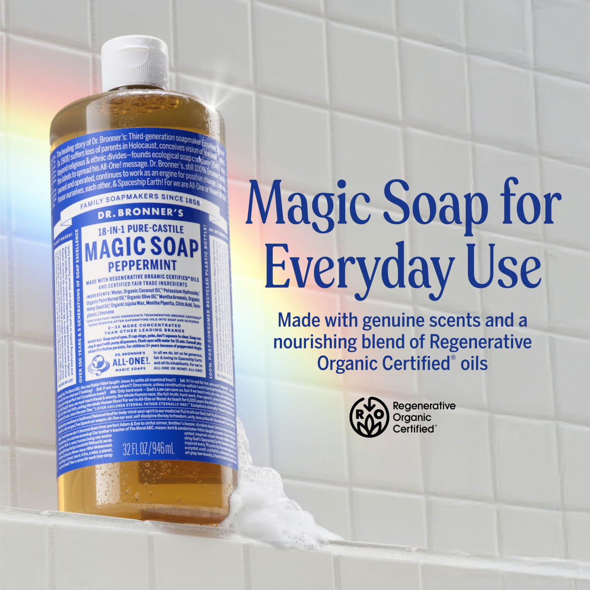 Dr. Bronner's Pure-Castile Liquid Soap Peppermint bottle side view