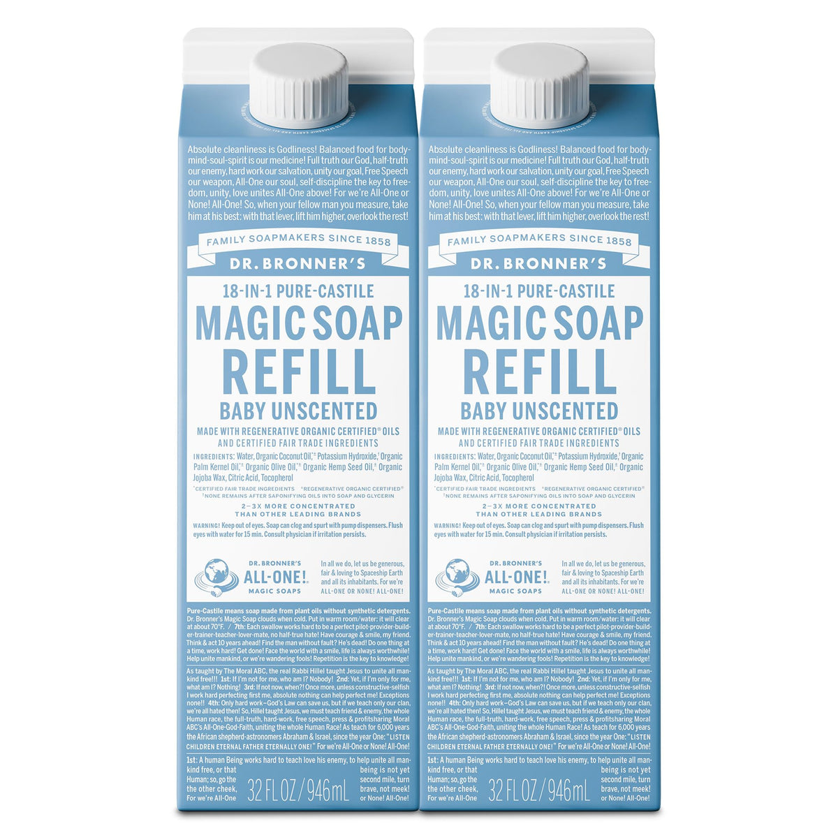 Dr. Bronner's Pure-Castile Liquid Soap Refill Baby Unscented 32oz front view
