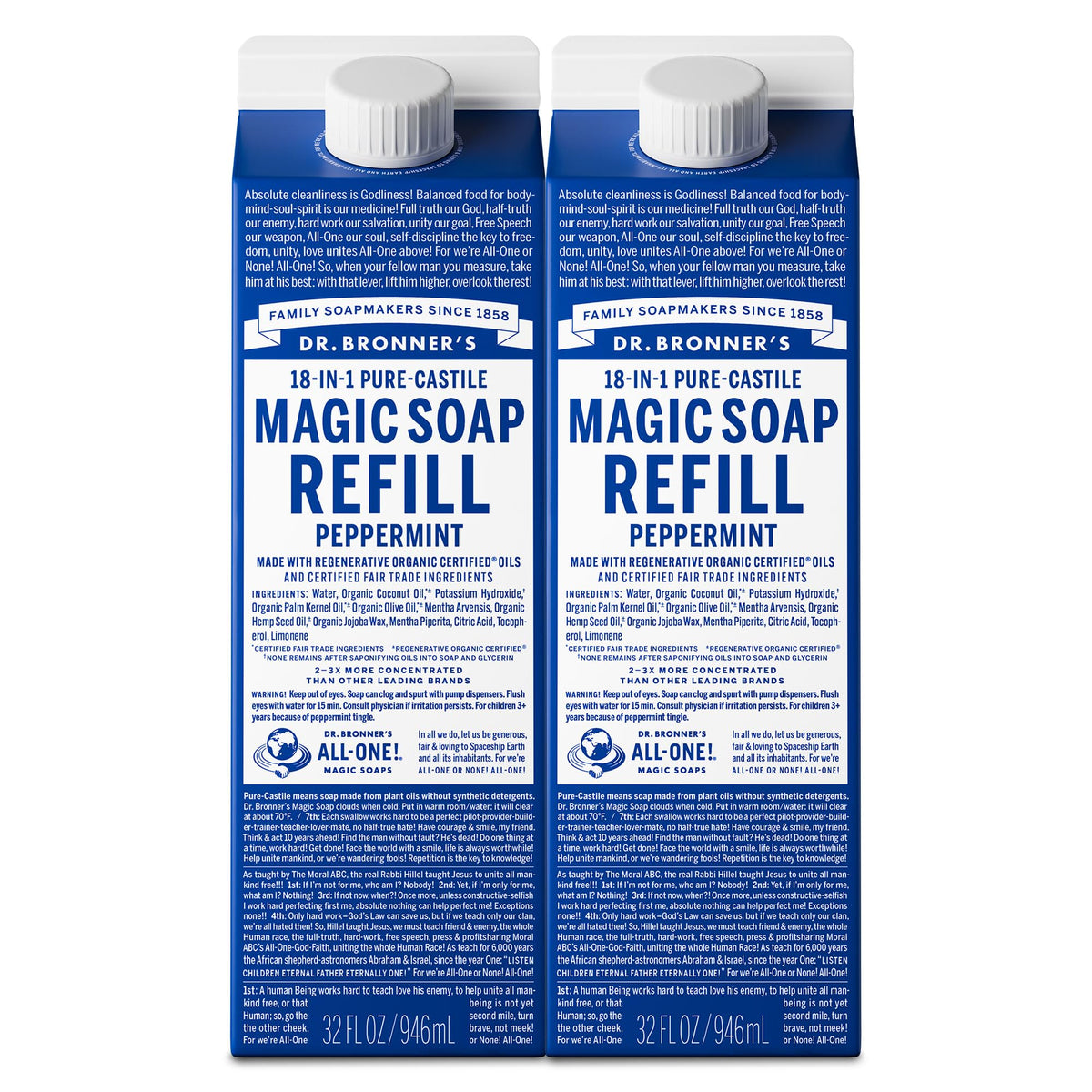 Dr. Bronner's Pure-Castile Liquid Soap Refill Peppermint 32oz front view