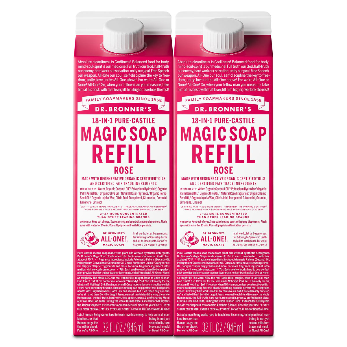 Dr. Bronner's Pure-Castile Liquid Soap Refill Rose 32oz front view