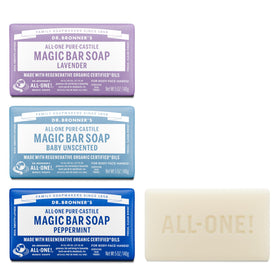 Dr. Bronner's Pure-Castile Magic Soap Bars variety pack including Peppermint, Lavender, and Unscented