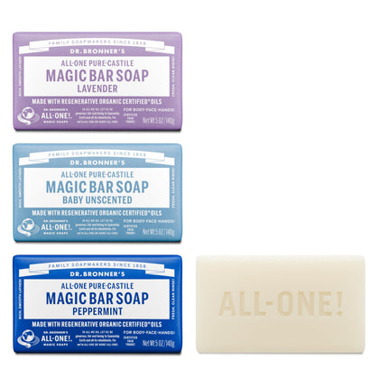 Dr. Bronner's Pure-Castile Magic Soap Bars variety pack including Peppermint, Lavender, and Unscented