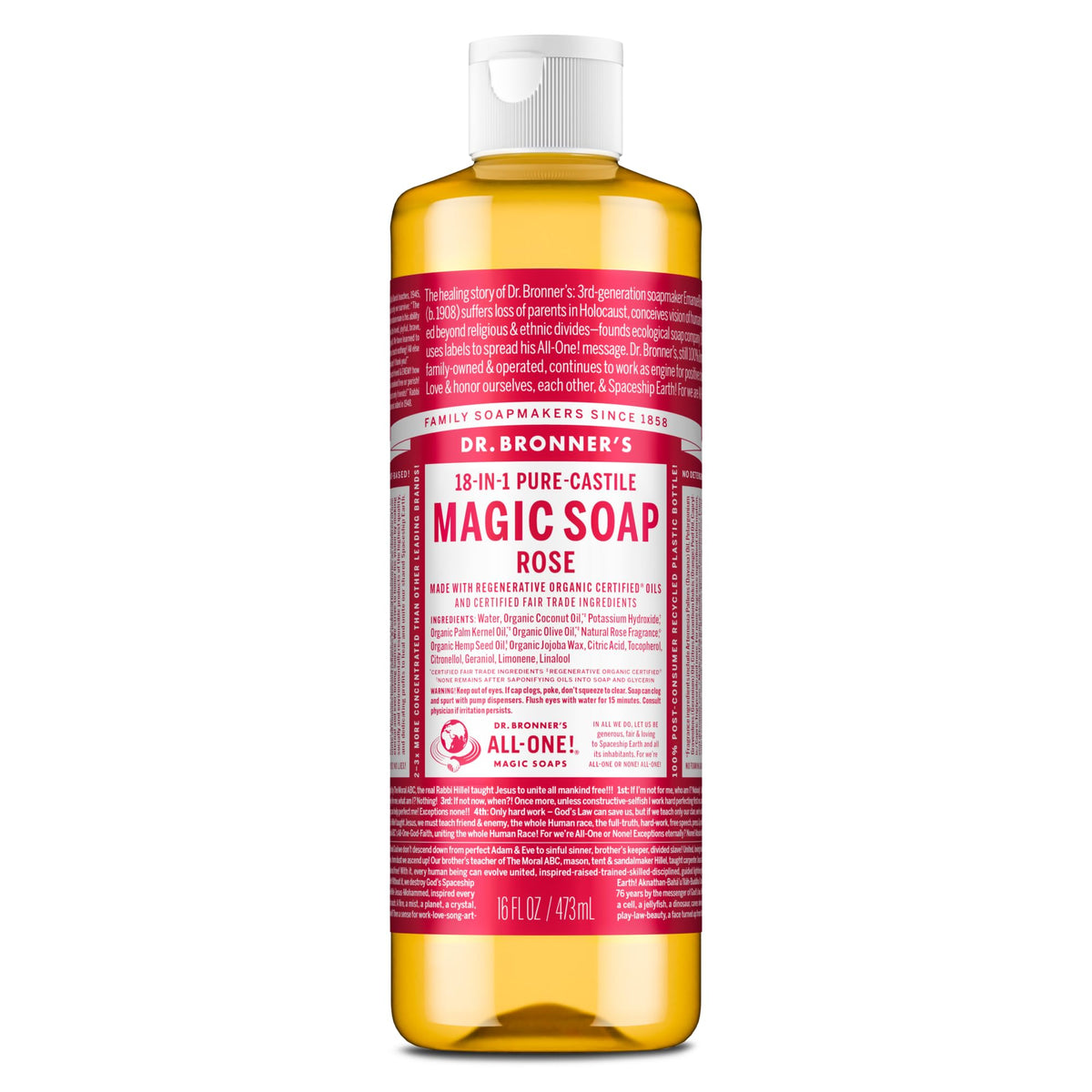 Dr. Bronner's Rose Pure-Castile Liquid Soap 16 oz front view
