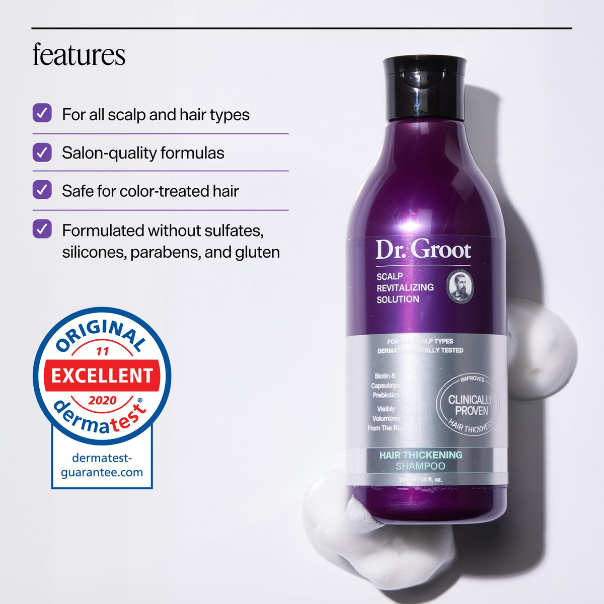 Dr. Groot Hair Thickening Shampoo on a vanity