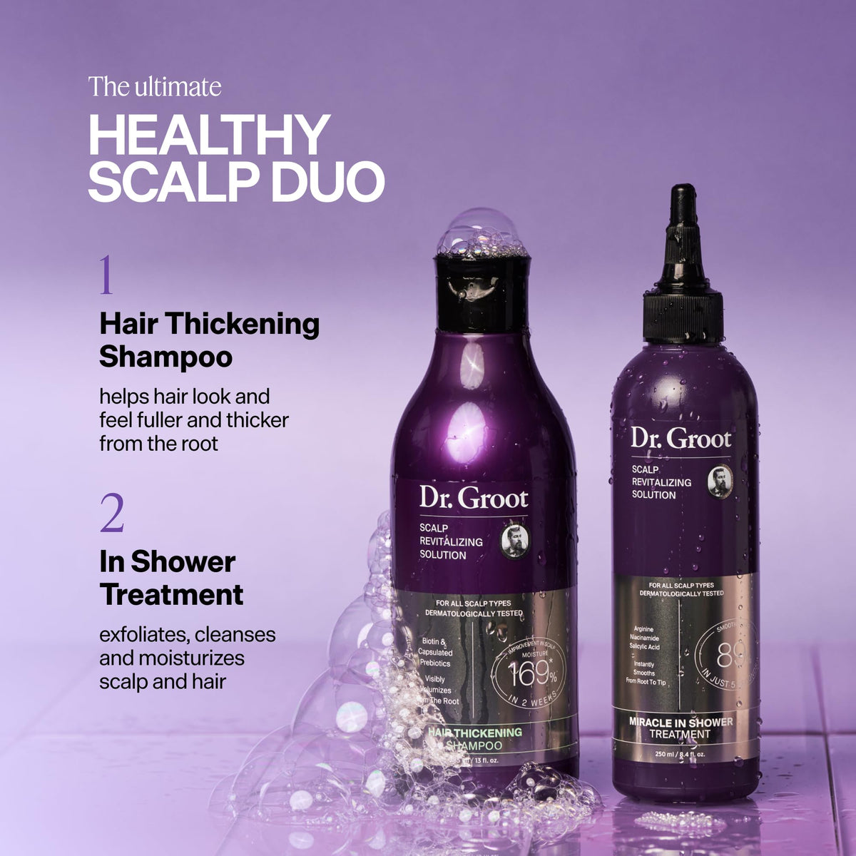 Dr. Groot Hair Thickening Shampoo with lather on hair