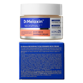 Dr.Melaxin Necksphalt Firming Cream with a towel and skincare items