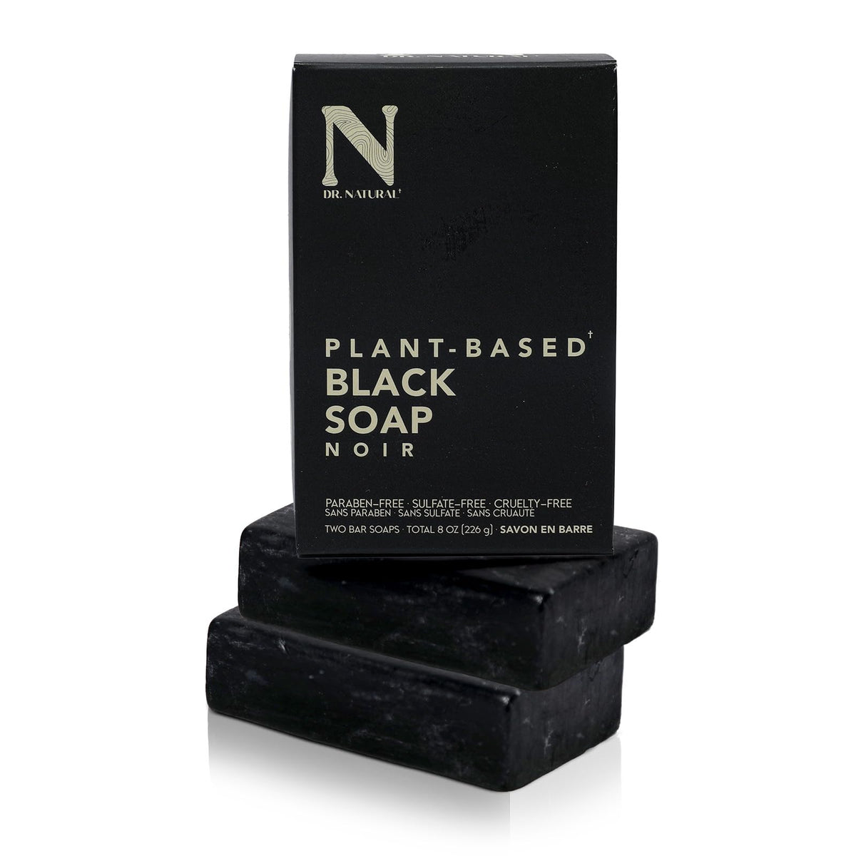 Dr. Natural Black Bar Soap front view with shea butter packaging