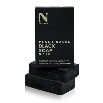 Dr. Natural Black Bar Soap front view with shea butter packaging