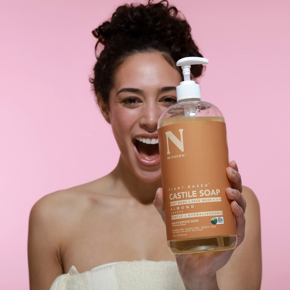 Dr. Natural Castile Liquid Soap 32 oz being used in a shower