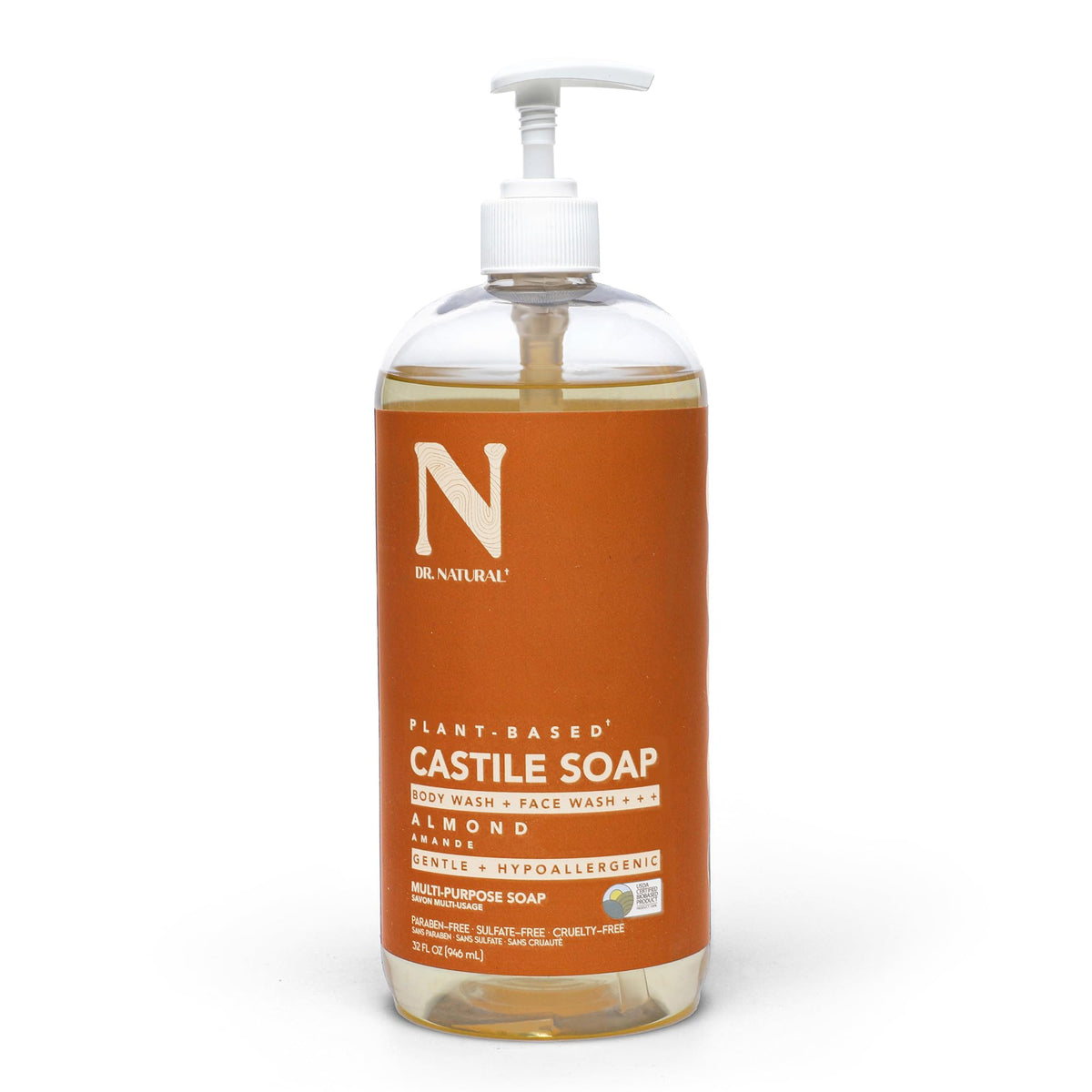 Dr. Natural Castile Liquid Soap 32 oz front view with almond fragrance