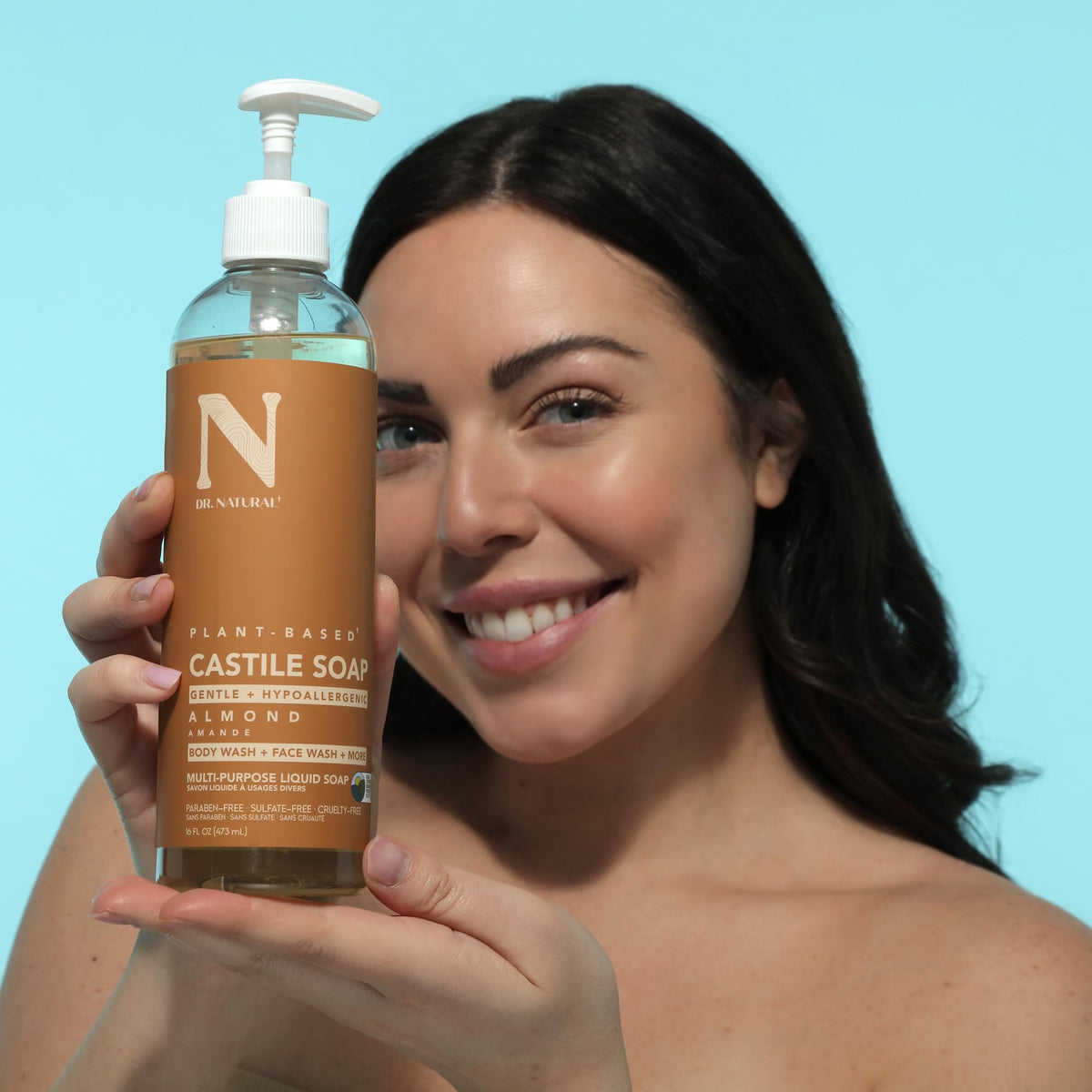 Dr. Natural Castile Liquid Soap Almond 16 oz in a bathroom setting