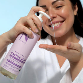 Dr. Natural Castile Liquid Soap Lavender 16 oz in a bathroom setting