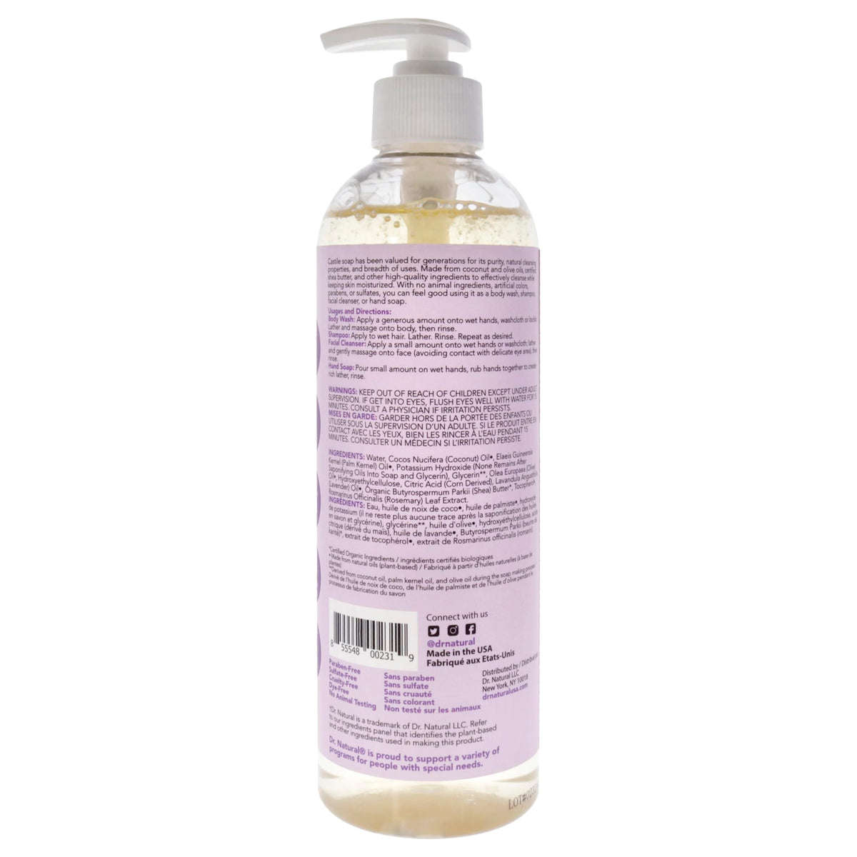 Dr. Natural Castile Liquid Soap Lavender 16 oz with ingredients list