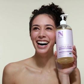 Dr. Natural Castile Liquid Soap Lavender in bathroom setting