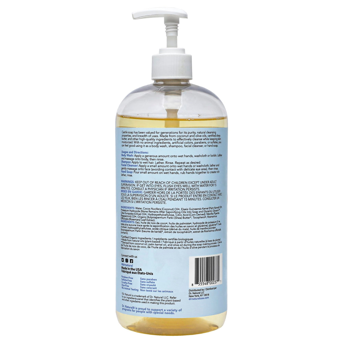 Dr. Natural Castile Liquid Soap Peppermint 32 oz in bathroom setting