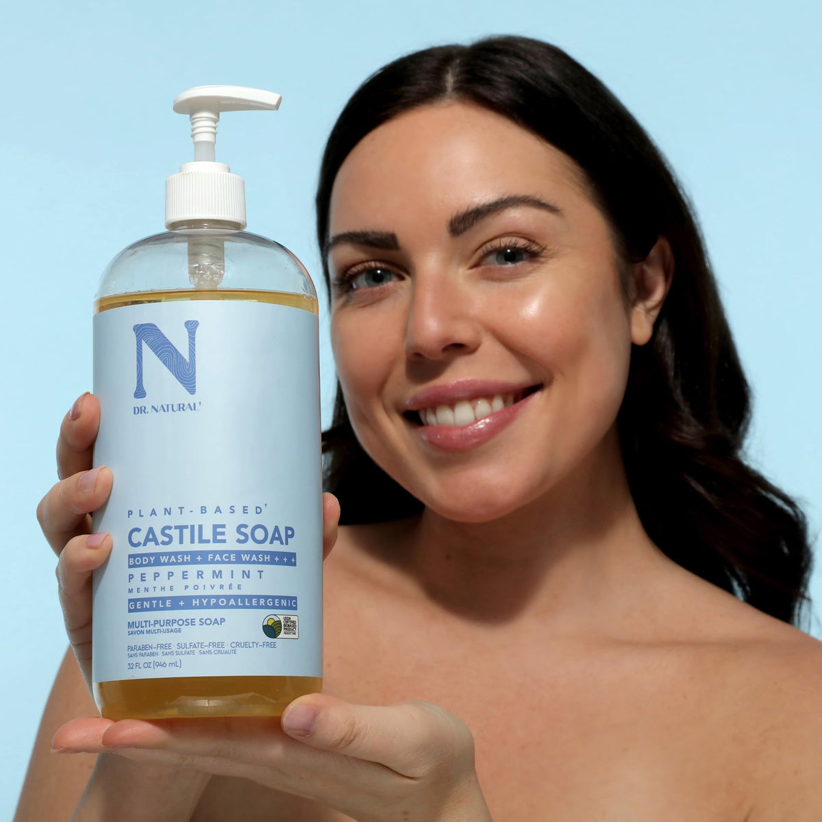 Dr. Natural Castile Liquid Soap Peppermint 32 oz pouring