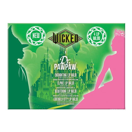 Dr. PAWPAW Elphaba Wicked Balm Collection front view with four lip balms