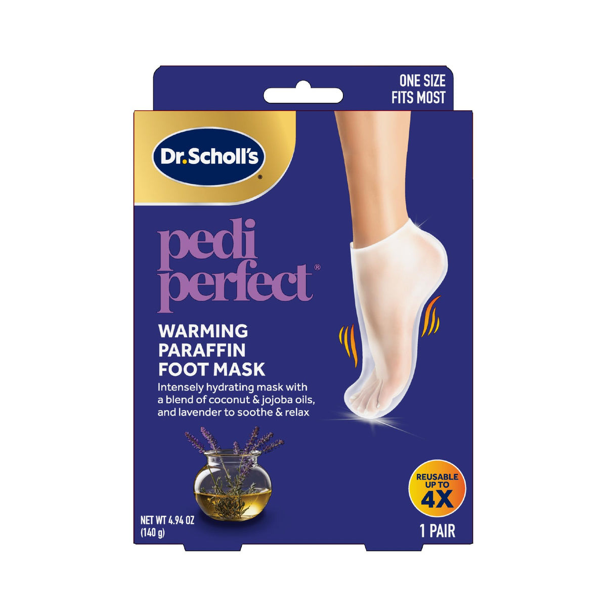 Dr. Scholl's Pedi Perfect Warming Paraffin Foot Mask packaging front view