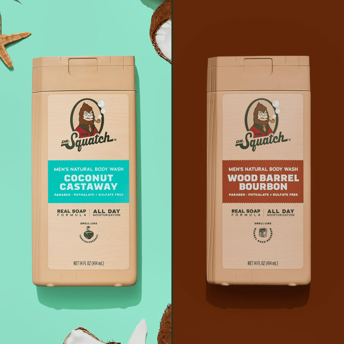 Dr. Squatch body wash in a shower setting