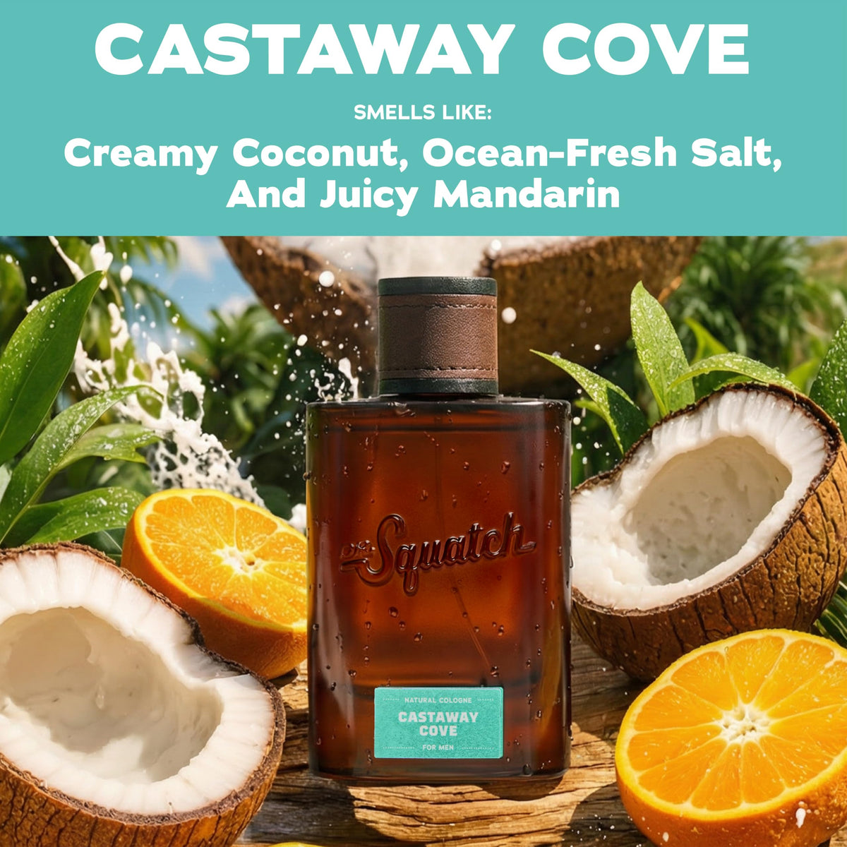 Dr. Squatch Castaway Cove Cologne packaging with tropical theme