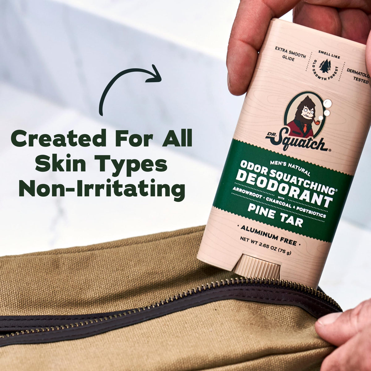 Dr. Squatch deodorant in lifestyle setting on bathroom counter