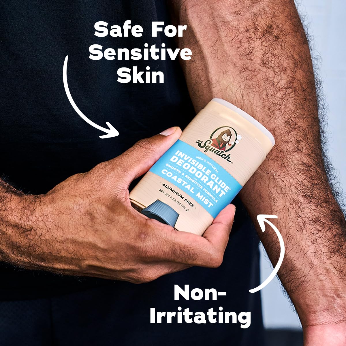 Dr. Squatch deodorant in lifestyle setting with beach background