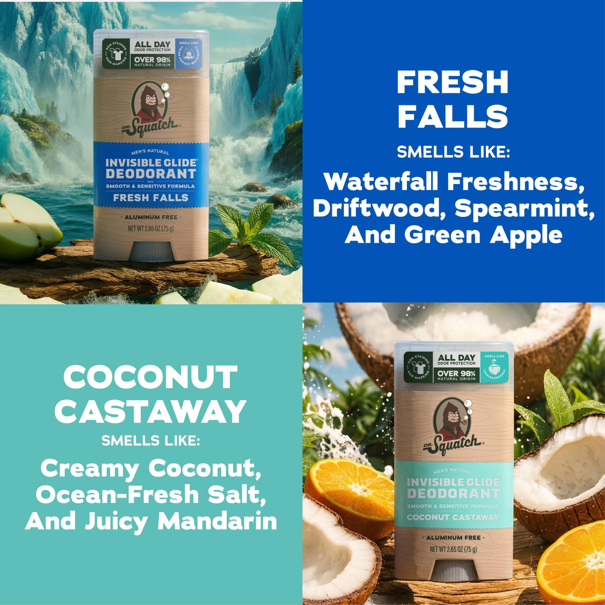 Dr. Squatch deodorant packaging with Fresh Falls and Coconut Castaway