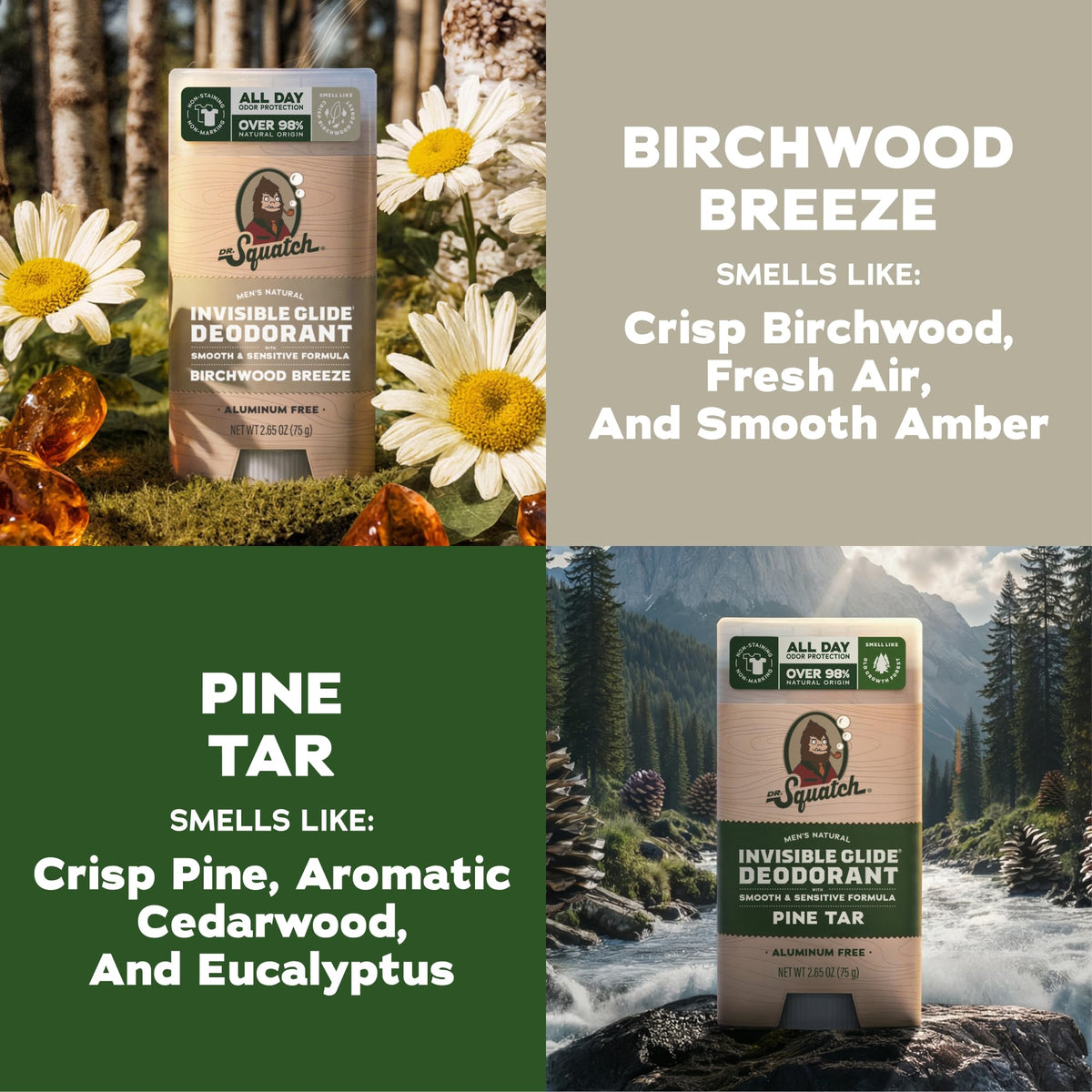 Dr. Squatch deodorant Pine Tar and Birchwood Breeze packaging