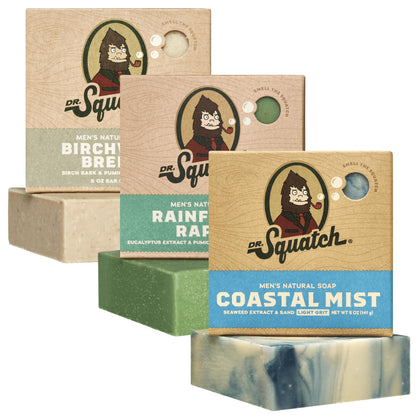 Dr. Squatch Men's Bar Soap 3-Pack front view with Coastal Mist, Rainforest Rapids, Birchwood Breeze