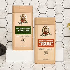 Dr. Squatch Men's Body Wash 2-Pack displayed in a bathroom setting