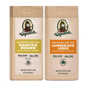 Dr. Squatch Men's Body Wash 2-Pack front view with Mountain Meadow and Lumberjack Lodge scents