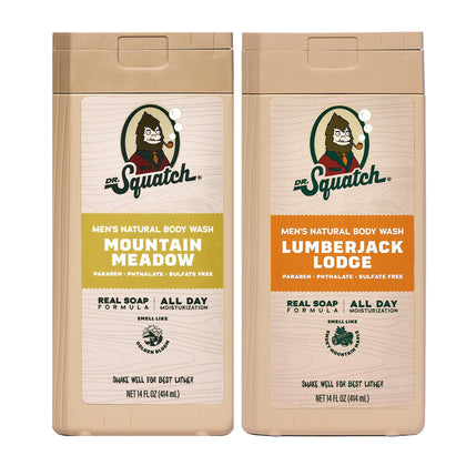 Dr. Squatch Men's Body Wash 2-Pack front view with Mountain Meadow and Lumberjack Lodge scents