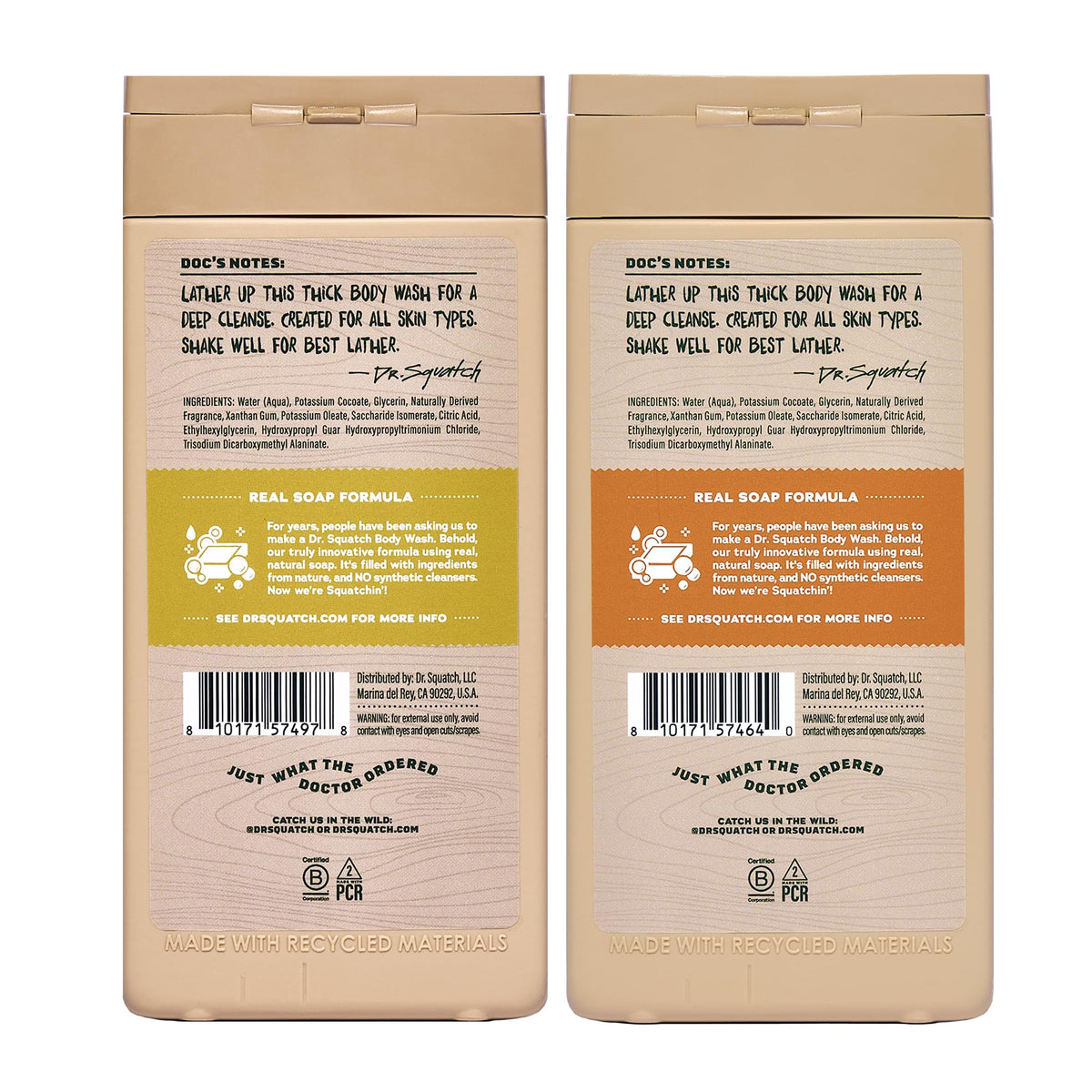 Dr. Squatch Men's Body Wash bottles with Mountain Meadow and Lumberjack Lodge scents