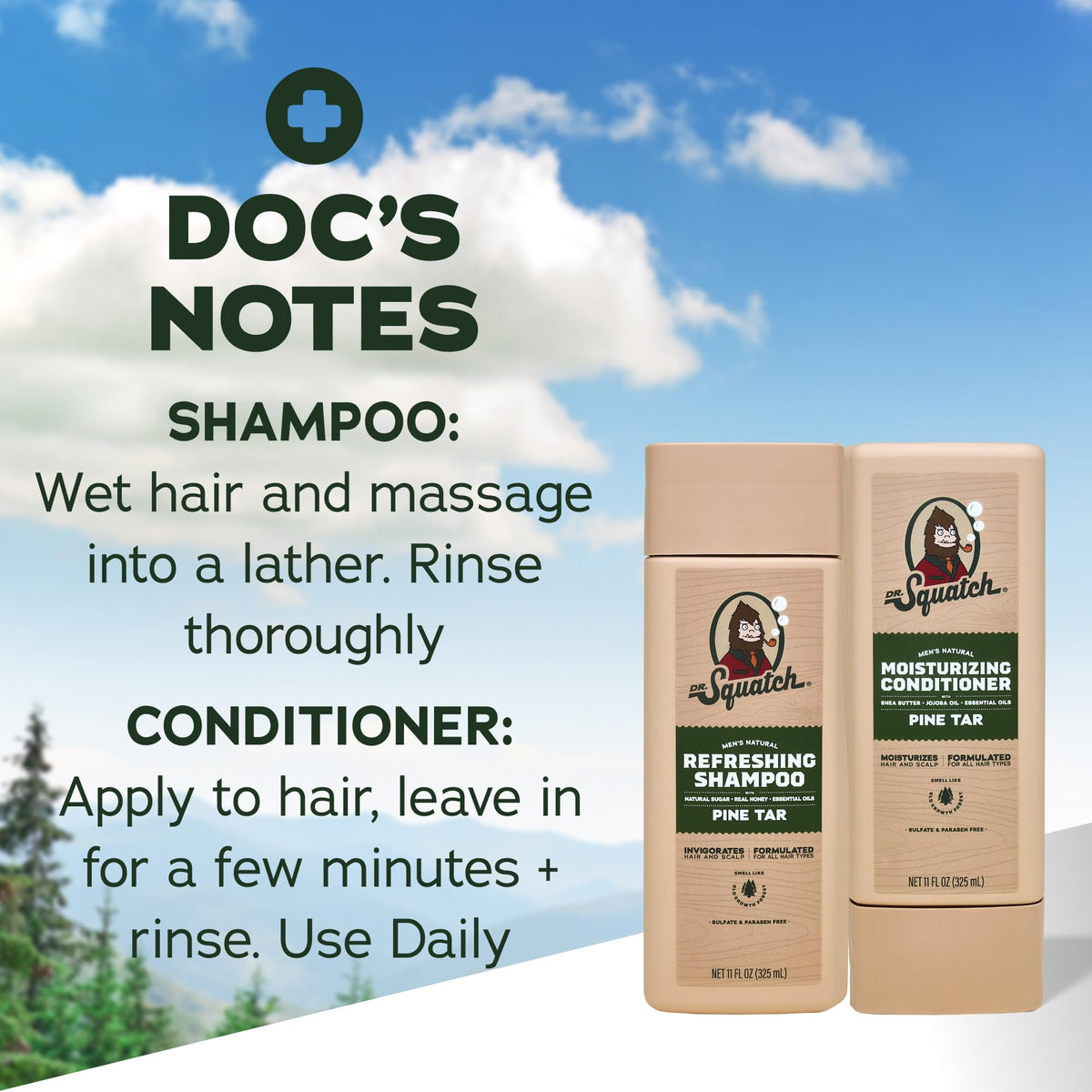 Dr. Squatch Men's Natural Shampoo and Conditioner Set displayed on a wooden shelf