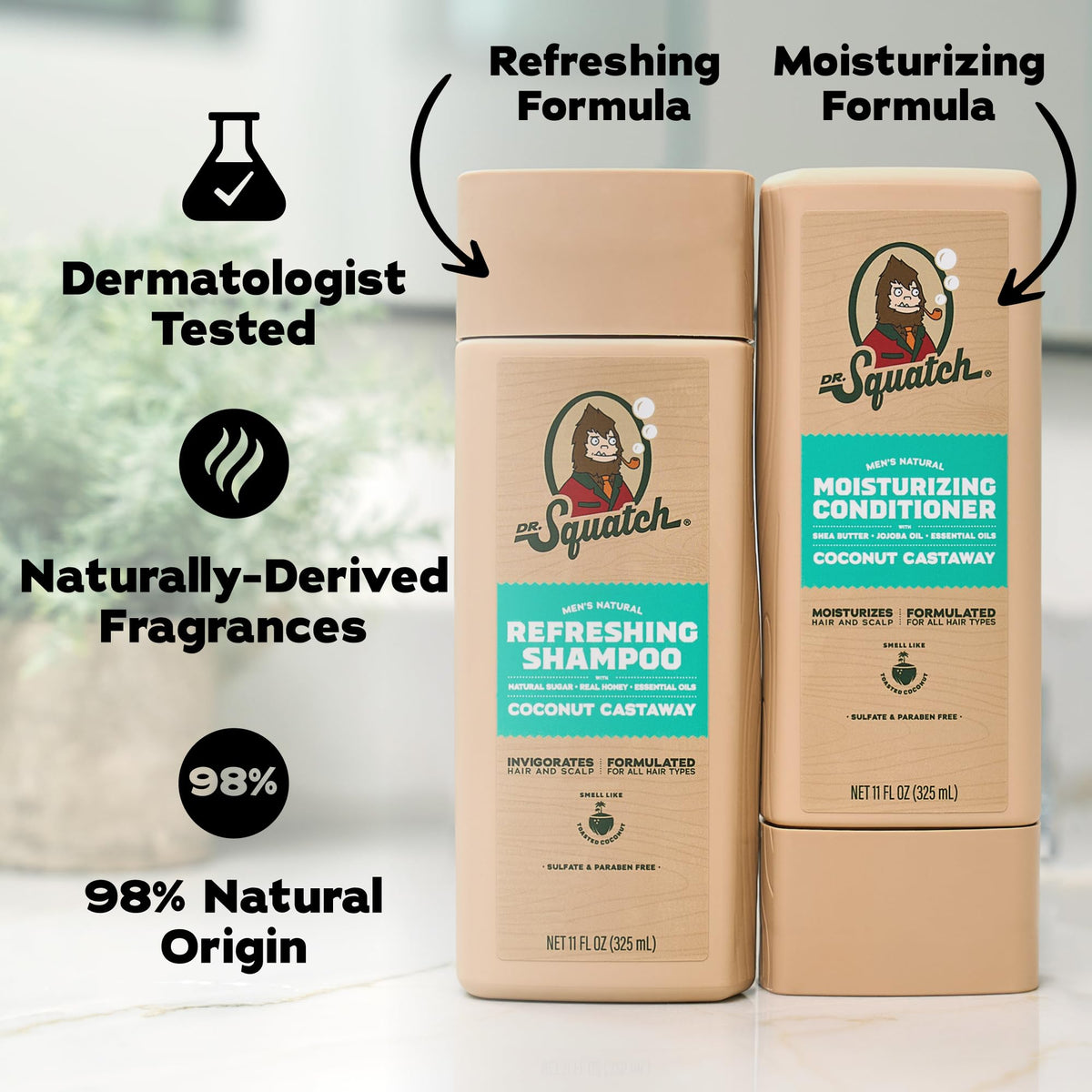 Dr. Squatch Men's Natural Shampoo and Conditioner Set displayed with coconut and honey