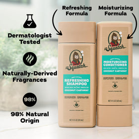 Dr. Squatch Men's Natural Shampoo and Conditioner Set displayed with coconut and honey