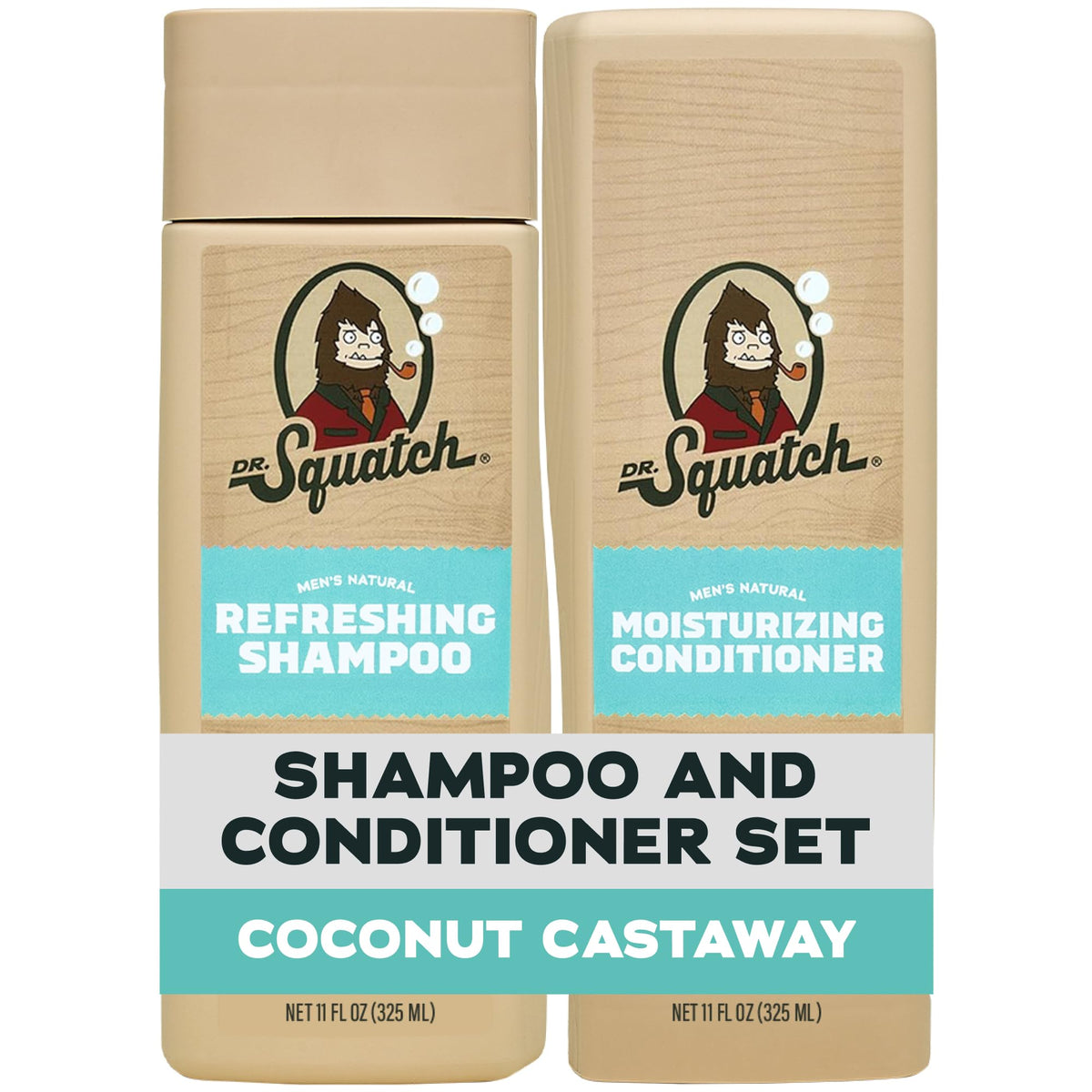 Dr. Squatch Men's Natural Shampoo and Conditioner Set front view, Coconut Castaway scent