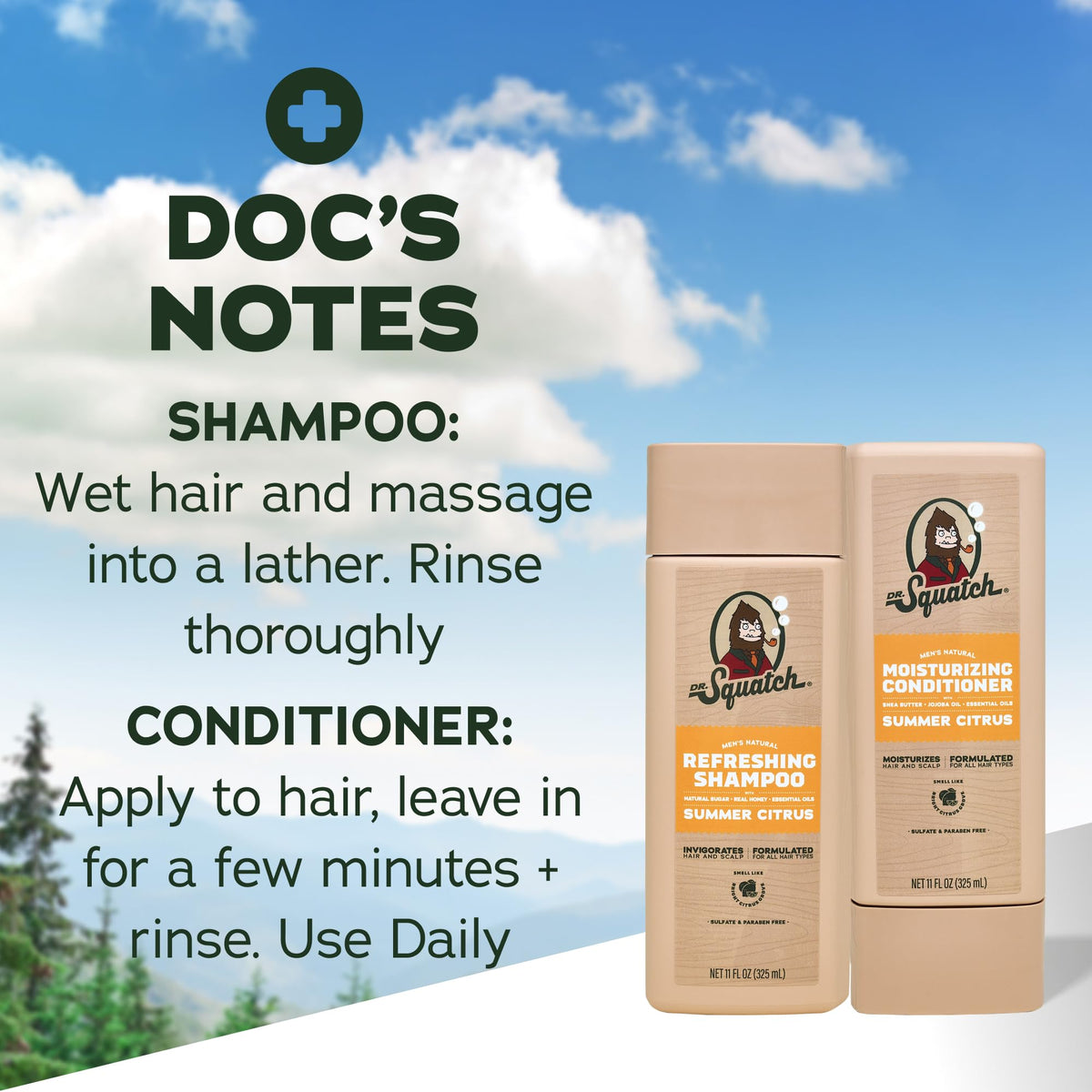 Dr. Squatch Men's Natural Shampoo and Conditioner Set with Summer Citrus background