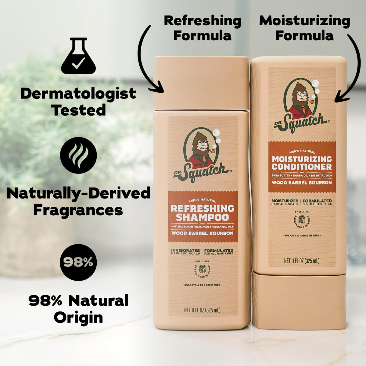 Dr. Squatch Men's Shampoo and Conditioner Set on a wooden surface