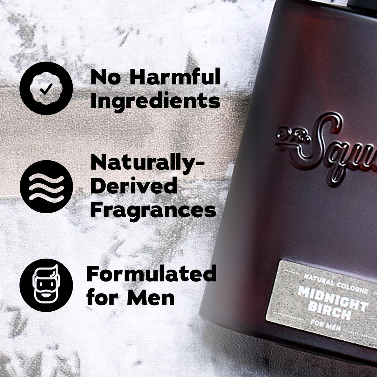 Dr. Squatch Midnight Birch Cologne lifestyle scene on a bathroom shelf
