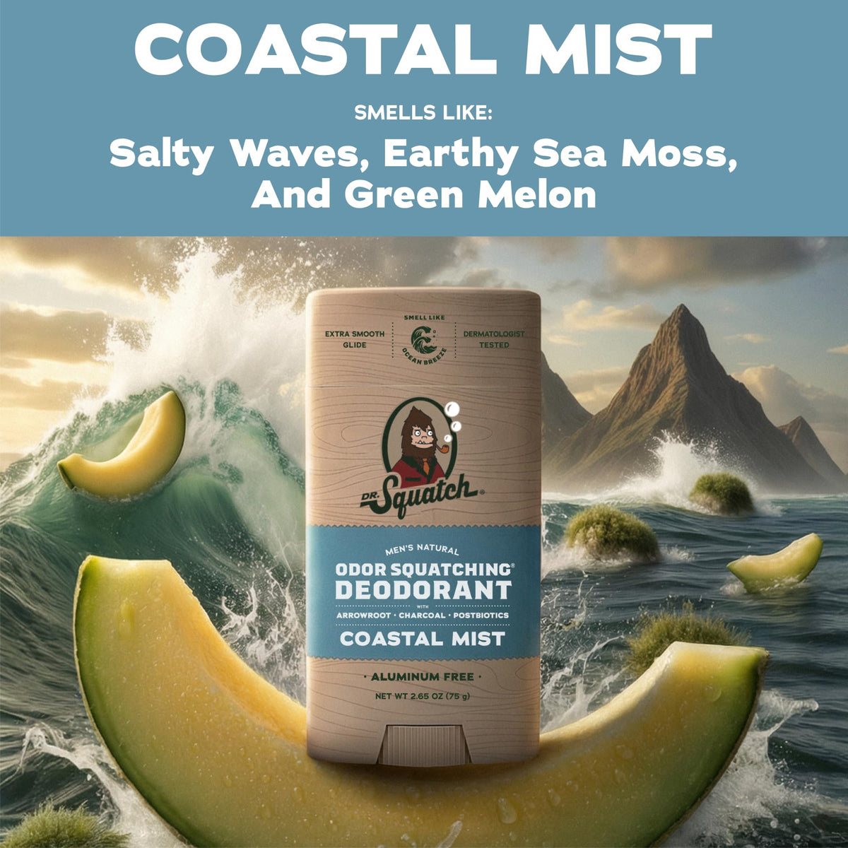 Dr. Squatch Natural Deodorant Coastal Mist stick on bathroom counter