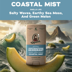 Dr. Squatch Natural Deodorant Coastal Mist stick on bathroom counter