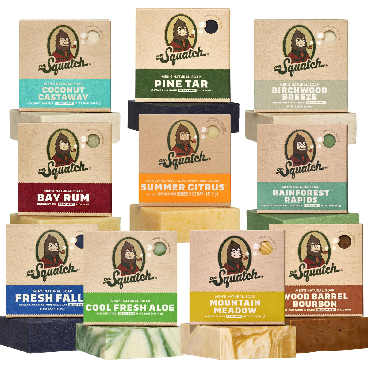 Dr. Squatch Natural Men’s Bar Soap 10-Pack front view with assorted scents
